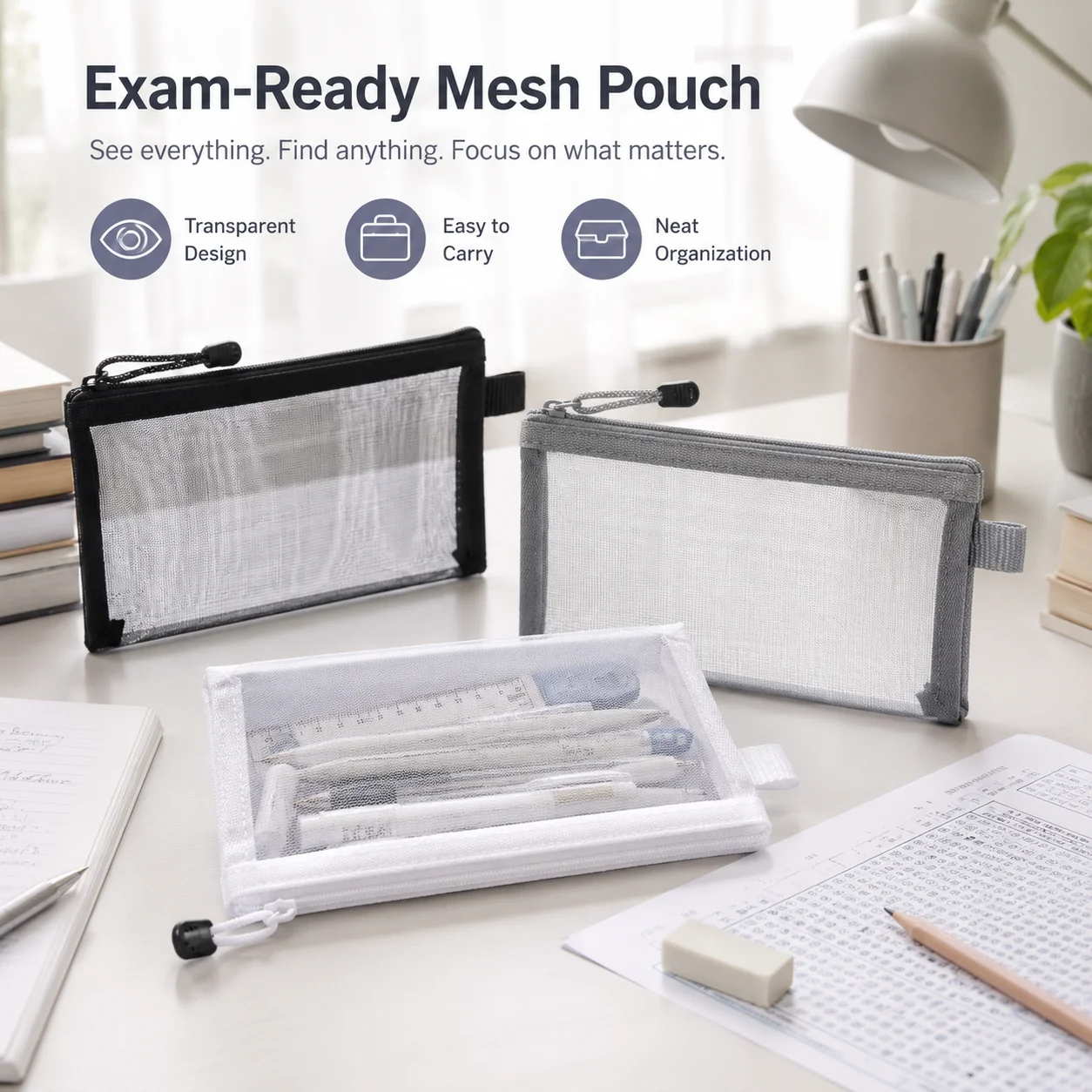 Clear Mesh Pencil Pouch For Exam - Estuche transparente de malla para lápices,